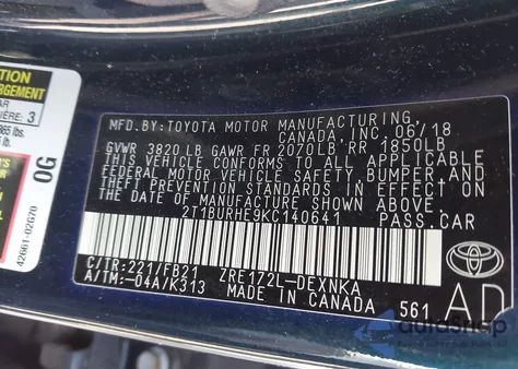 2019 Toyota Corolla Le z USA, uszkodzony, nr VIN 2T1BURHE9KC140641